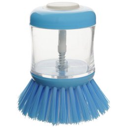 A dishwashing brush with a reservoir for Fackelmann Tecno dishwashing liquid. The brush has a blue and white color scheme and a transparent reservoir for the liquid. It is designed for efficient dishwashing.
