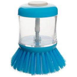 A dishwashing brush with a reservoir for Fackelmann Tecno dishwashing liquid. The brush has a blue and white color scheme and a transparent reservoir for the liquid. It is designed for efficient dishwashing.
