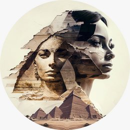 Circular poster featuring a double exposure image of the Sphinx and a woman's face, available in multiple sizes.