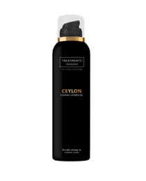 Foaming shower gel with a Ceylon fragrance, featuring a 200ml bottle with a scenic landscape design.