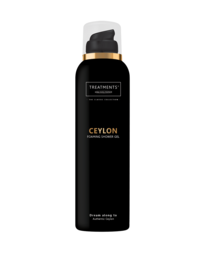 Foaming shower gel with a Ceylon fragrance, featuring a 200ml bottle with a scenic landscape design.