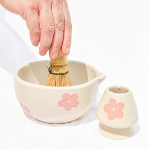 Gardehouder | Keramische handgemaakte Matcha-gardeset | Roze bloem