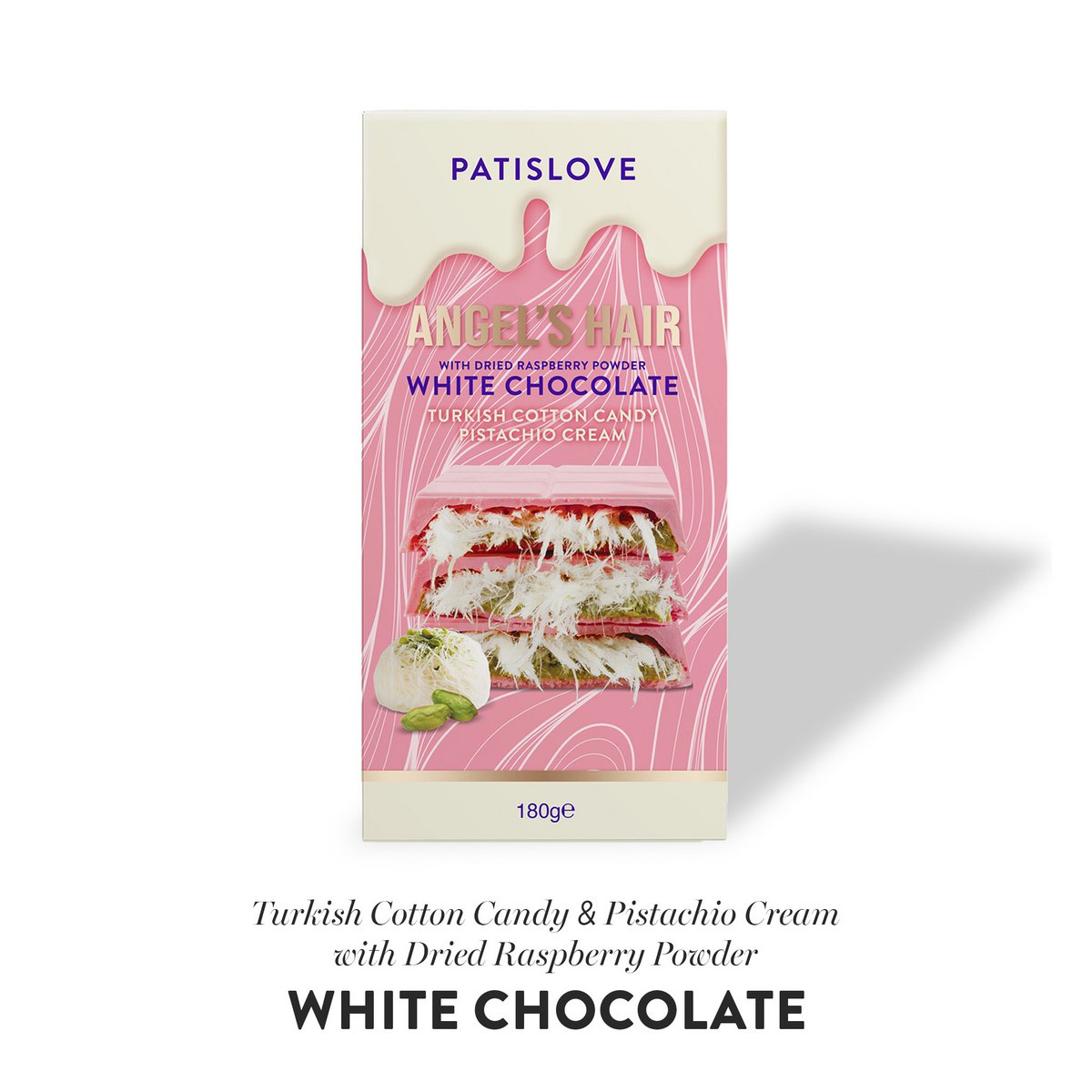 Angel's haar witte chocolade met gedroogd frambozenpoeder, 180 g