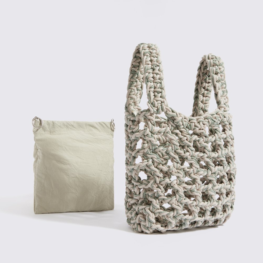 “Thalia cotton” crochet wrist bag with waterproof pouch crème + olive