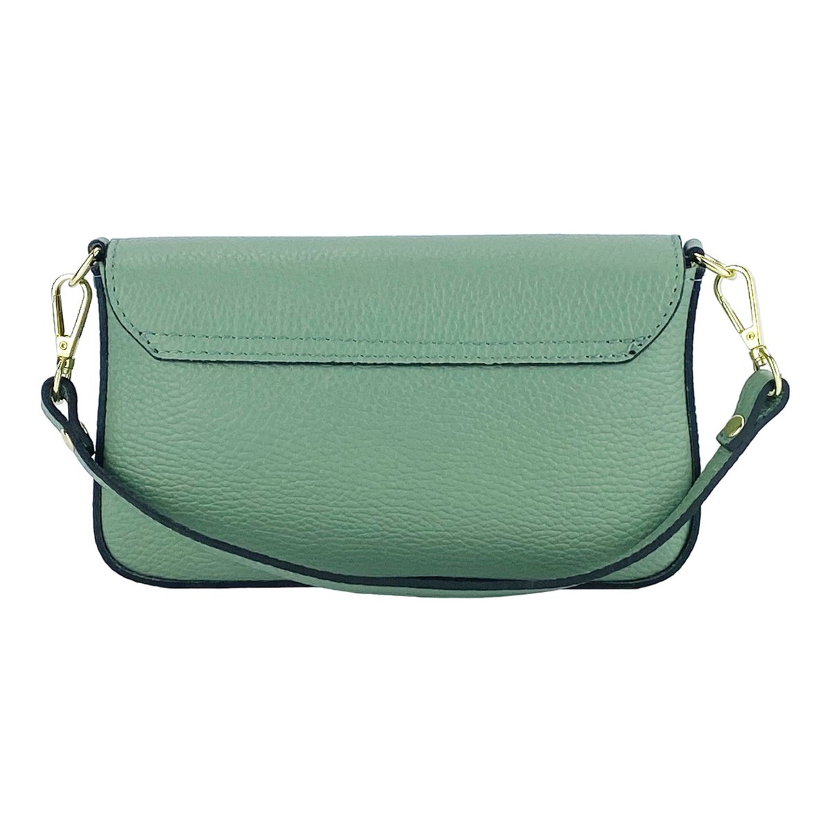 RB1023BF | Kleine Umhängetasche mit abnehmbarem Kettenschultergurt aus echtem Leder, hergestellt in Italien. Verschlussklappe. Metallaccessoires in glänzendem Gold – Farbe Mint – Maße: 22 x 12 x 3 cm