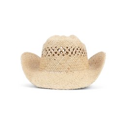 Beige raffia cowboy hat with woven design and black band.