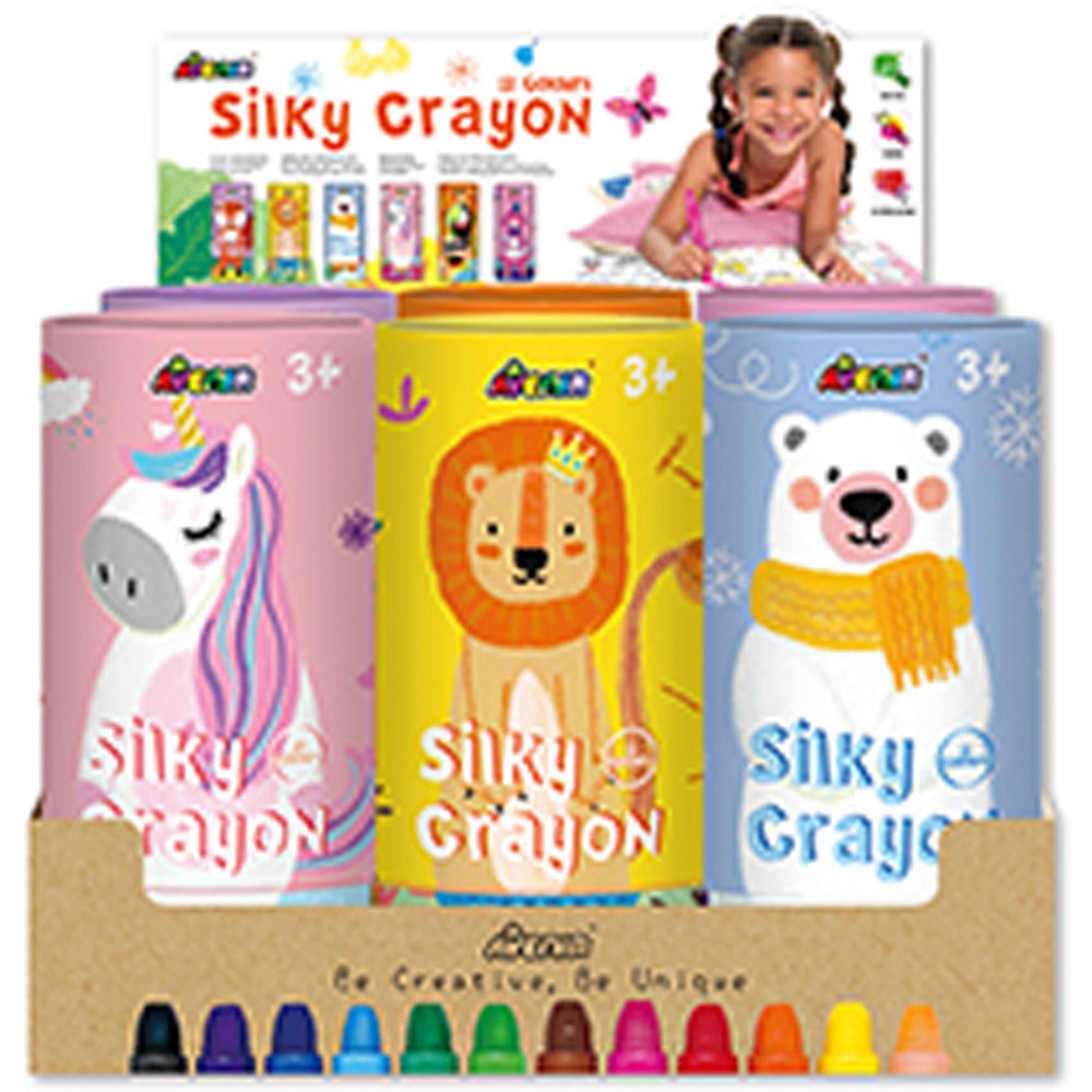 Avenir Silky Crayon: 12 Farben, gemischte Modelle, in Tube Ø 7,5 x 16 cm, im Display 24 x 16 x 24,3 cm, 3+