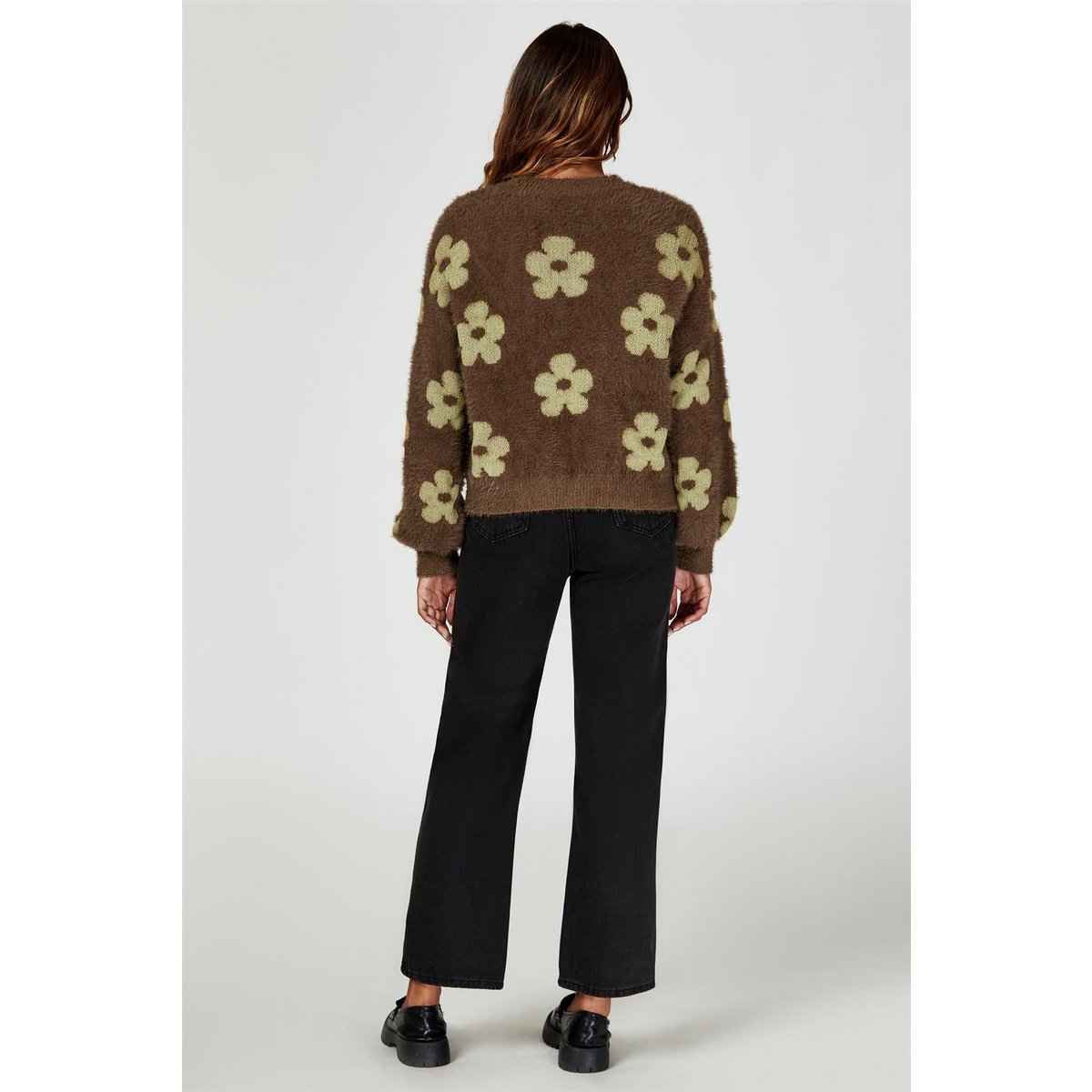 Flowers Pattern Knitted Cardigan In Brown