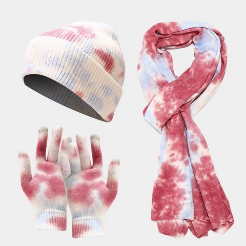 Tie-dye gebreide muts, handschoenen en sjaalset dames