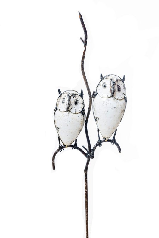 Zimba-Arts METAL WHITE COUPLE OWLS ON STICK