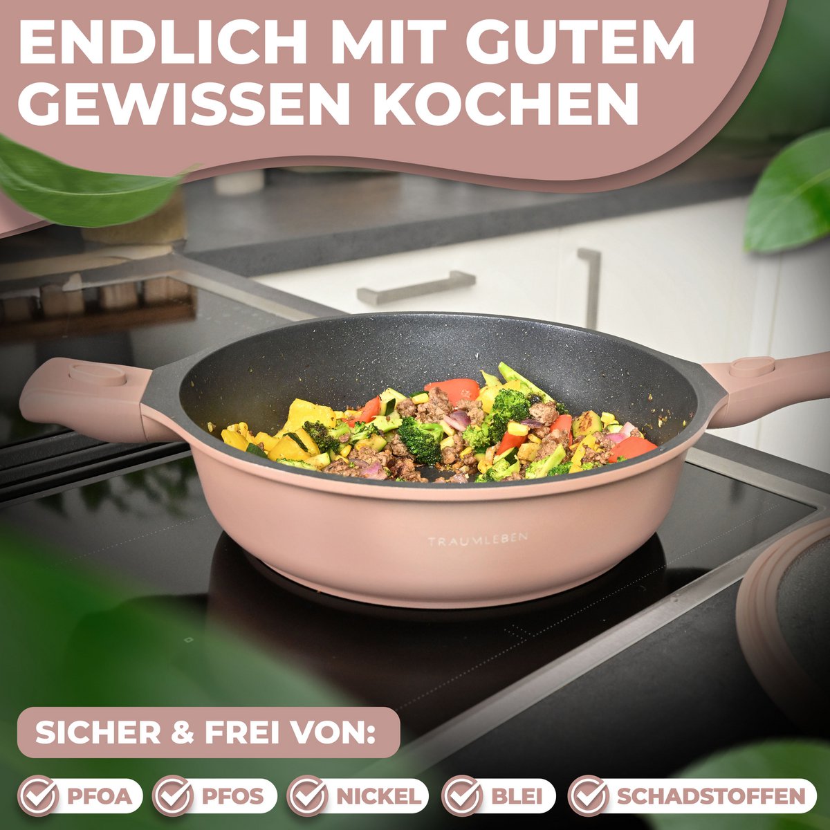 Froh Pan 28 cm, powłoka bez stałej, zdejmowane uchwyty, indukcja, festiwal piekarnika (różowy)