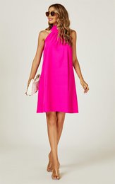 Halter hals slips mini kjole tilbage i magenta