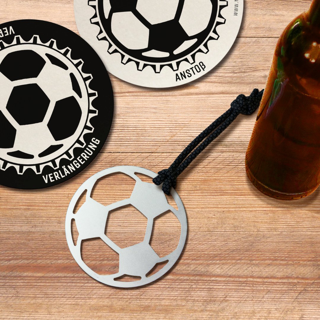 Bottle opener made of stainless steel · motif soccer · with cotton cord + 2 beer mats