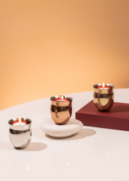 "Set of 3 ceramic tea light holders, rose gold and cream colors, modern minimalist style, small decorative candle holders"