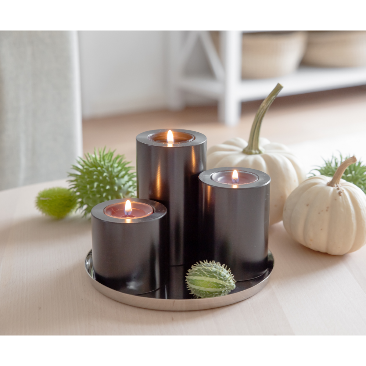 Set of 3 permanent candles Cornelius (Ø 6cm, heights 6/8/10 cm) black, tealight holder heat-resistant 90°