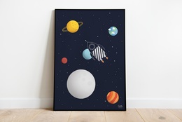 Colorful space-themed poster featuring a rocket ship, planets, and stars. Suitable for children's room decor or educational purposes.