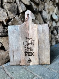  Wooden cutting board with logo, round shape, light wood color.