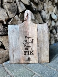 Wooden cutting board with logo, round shape, light wood color.