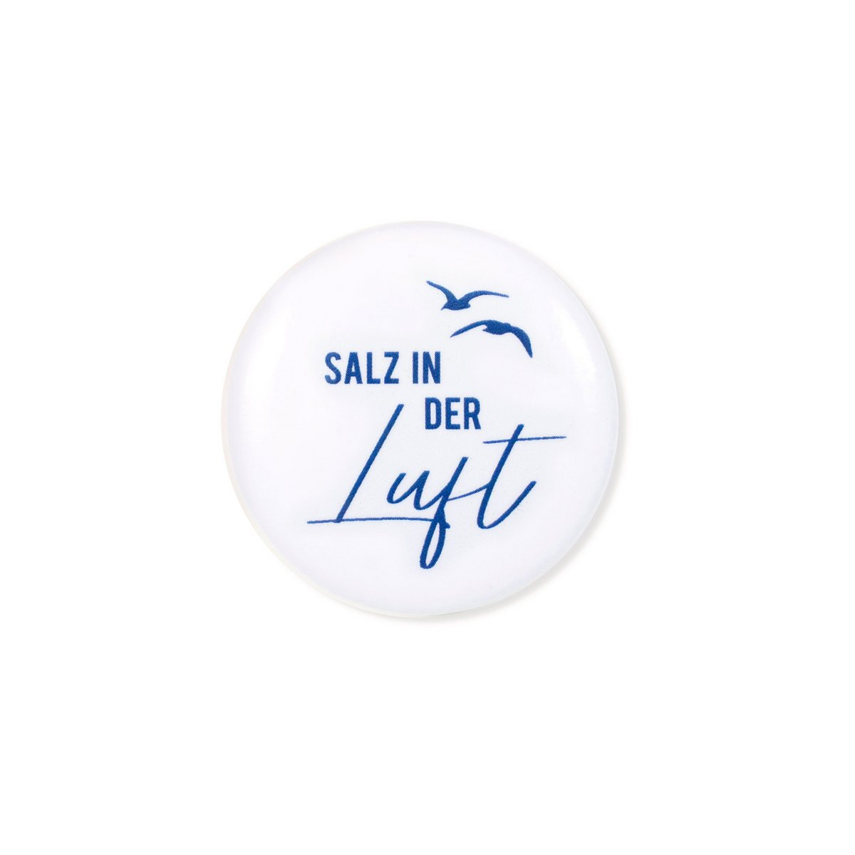 Magneet “Salt in the Air” – Maritieme belettering met meeuwen – Blauw/Wit – Ø 3,7 cm – Koelkast & whiteboard
