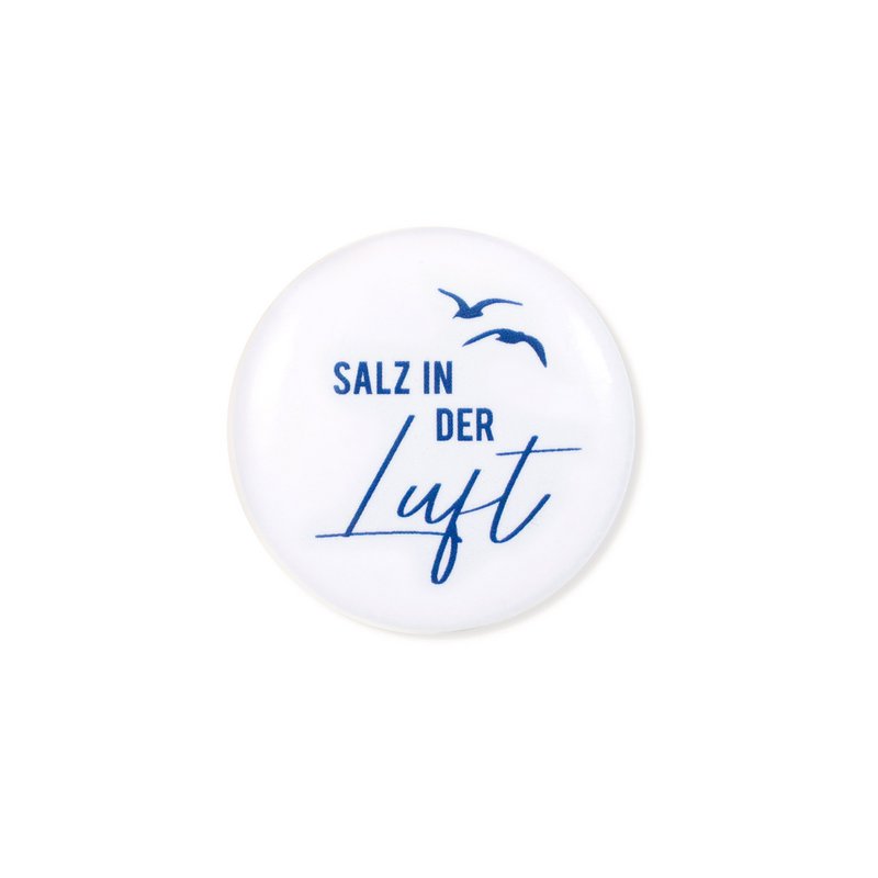 Magneet “Salt in the Air” – Maritieme belettering met meeuwen – Blauw/Wit – Ø 3,7 cm – Koelkast & whiteboard