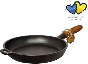 Pfanne Gusseisen - Ø 26 x 4 cm - Gusseisenpfanne für alle Wärmequellen - Holzgriff - Schwarz