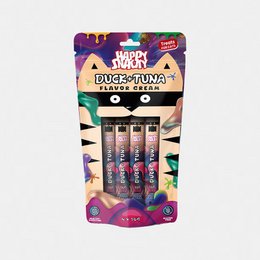 Duck and tuna flavored creamy cat treat in colorful purple packaging with four tubes.