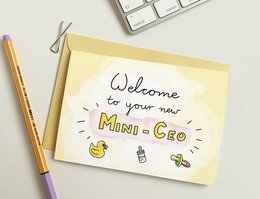 Greeting card with "Welcome to your Mini CEO" text, baby icons, and a playful design.