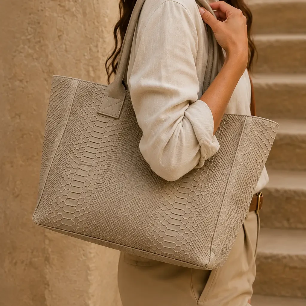 LOLA – Italian python-embossed leather bag – Taupe
