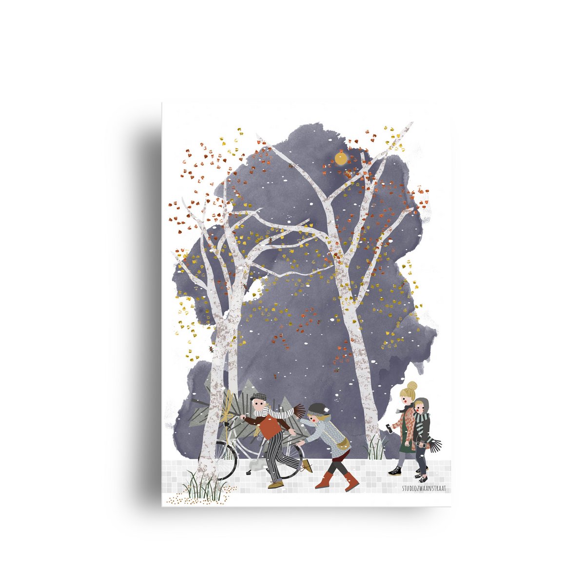 postcard - series 'Christmas' - 'how to get that tree home' - parents and teenagers
