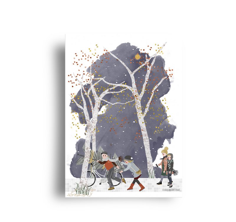 postcard - serie 'kerst'- 'how to get that tree home'- parents and teenagers
