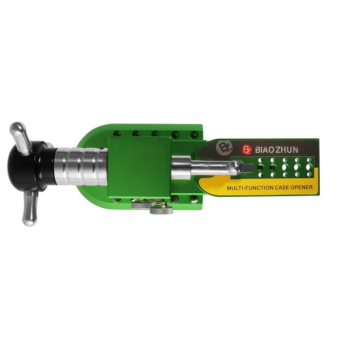 Multifunctional tool: case opener, strap shortener and tube presser, stainless steel, green