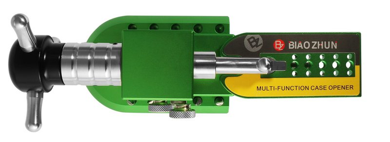 Multifunctional tool: case opener, strap shortener and tube presser, stainless steel, green