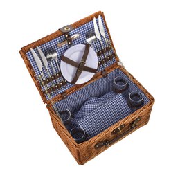 LAGUIOLE, Panier Pique-Nique pour 4 Personnes, Osier, Coton, Céramique, Métal et PVC, Repas Nomades, Plein Air, Extérieur, Camping, Randonnée, Marron
