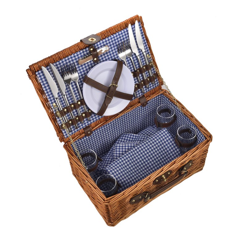 LAGUIOLE, Panier Pique-Nique pour 4 Personnes, Osier, Coton, Céramique, Métal et PVC, Repas Nomades, Plein Air, Extérieur, Camping, Randonnée, Marron