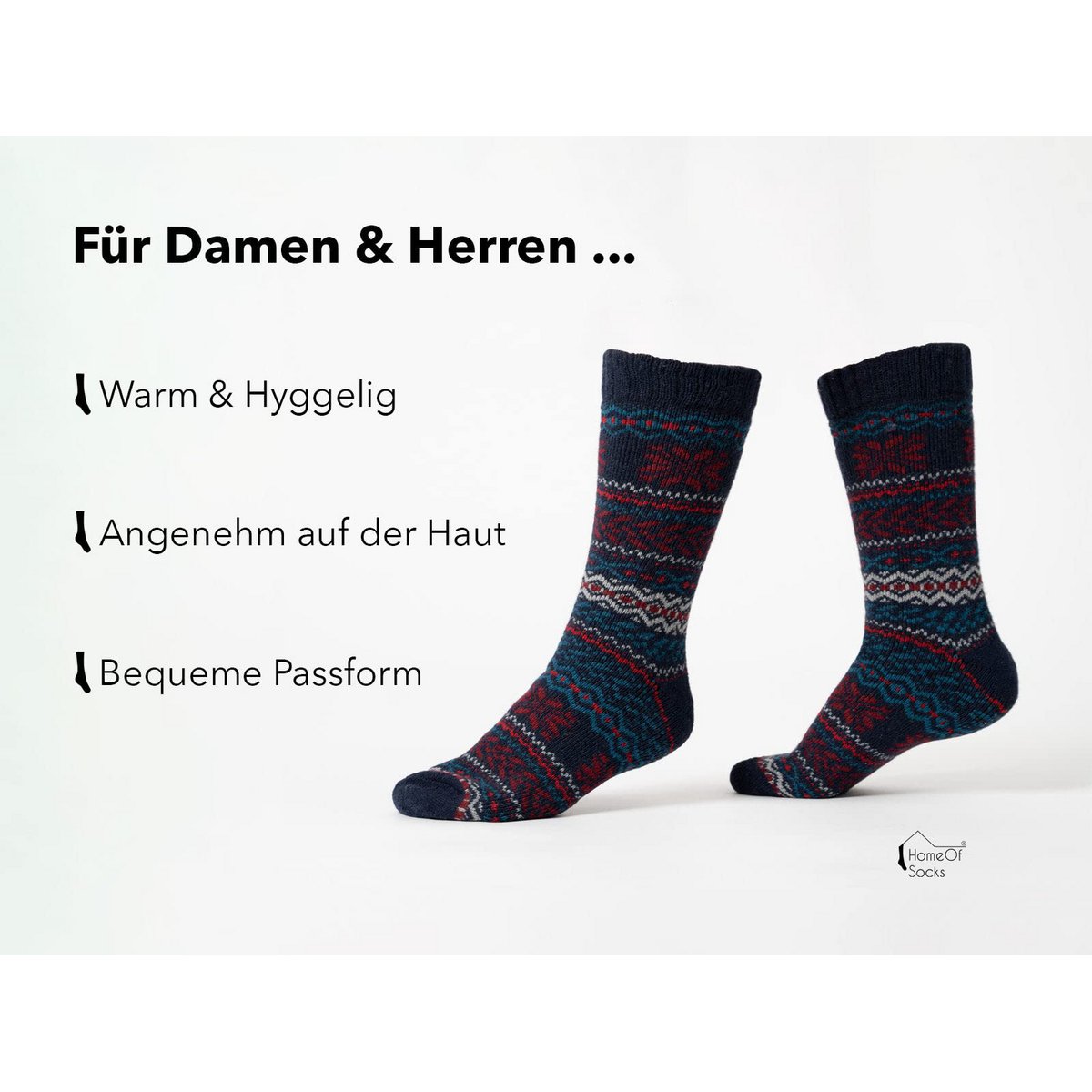 2 Paar 45% Wollsocken Hyggeliges Norweger Design