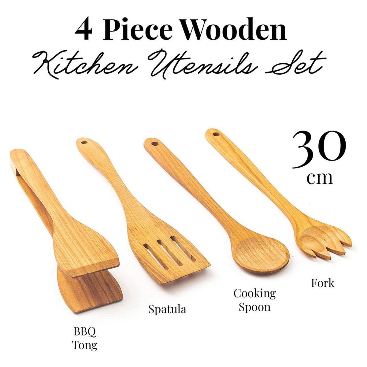 4 Piece Wooden Kitchen Cooking Set Cherry Wood