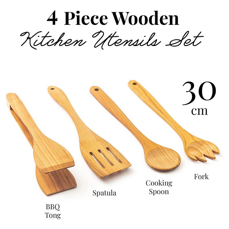 4 Piece Wooden Kitchen Cooking Set Cherry Wood