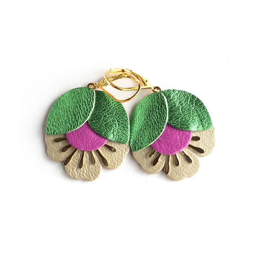 Cherry Blossom earrings - metallic green leather, fuchsia pink, matte gold