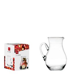 A clear glass pitcher with a simple, elegant design. The pitcher has a tall, cylindrical shape and a wide mouth for easy pouring. It is suitable for serving water, juice, or other beverages.