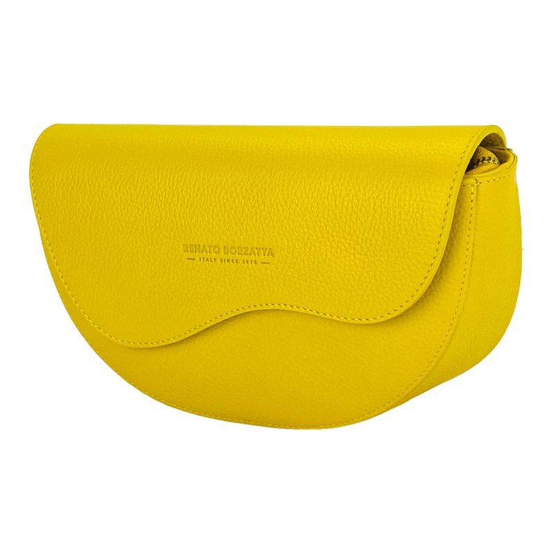 RB1027R | Runde Damen-Umhängetasche aus echtem Leder, hergestellt in Italien. Abnehmbarer und verstellbarer Schultergurt aus Leder. Zubehör aus poliertem Nickel – gelbe Farbe – Maße: 25 x 15 x 9 cm