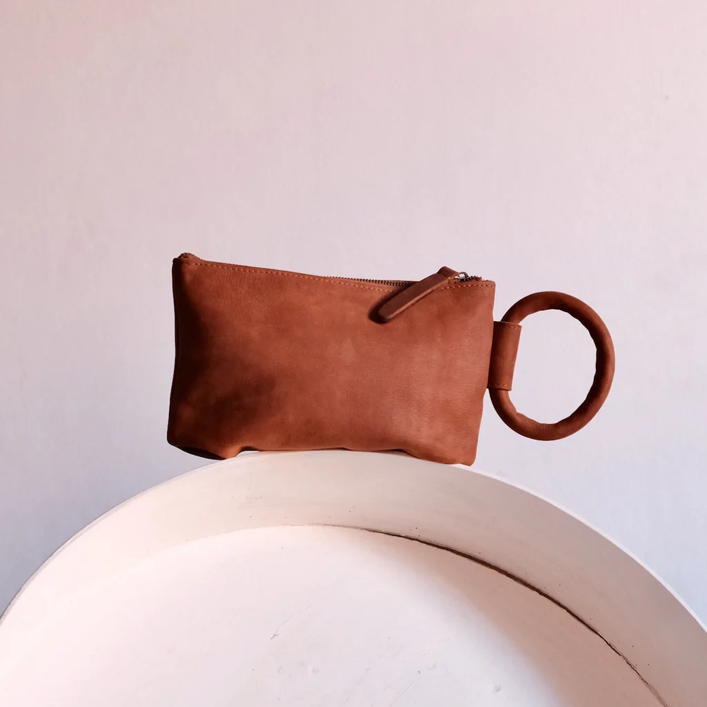 Cognac Leather Circular Handle Clutch 