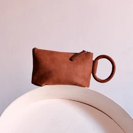Cognac Leather Circular Handle Clutch 
