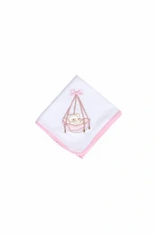 Pink muslin cloth with cute bear in cradle design, soft swaddle blanket for babies.