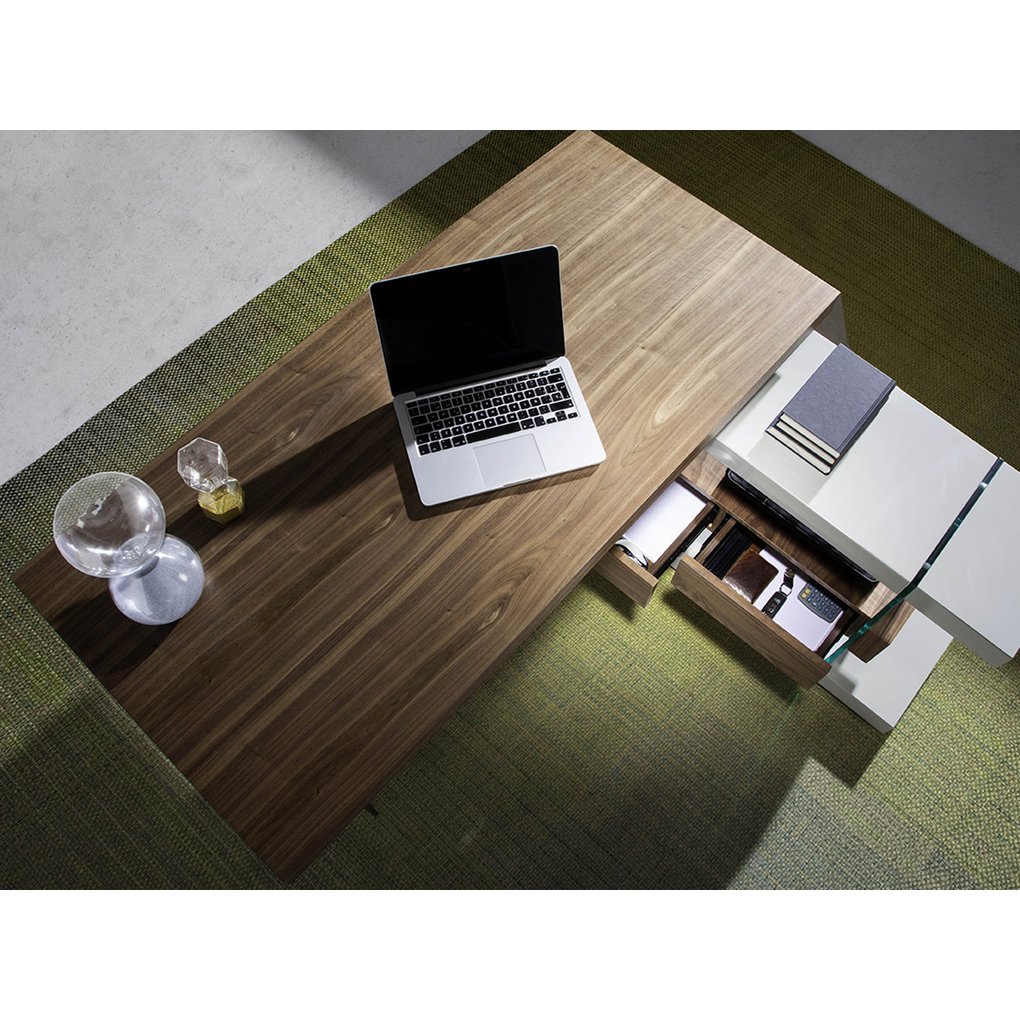 Walnut wood desk and tempered glass
