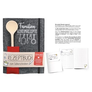 Kookboek en houten lepel familiegeheime recepten, hoogte 22 cm