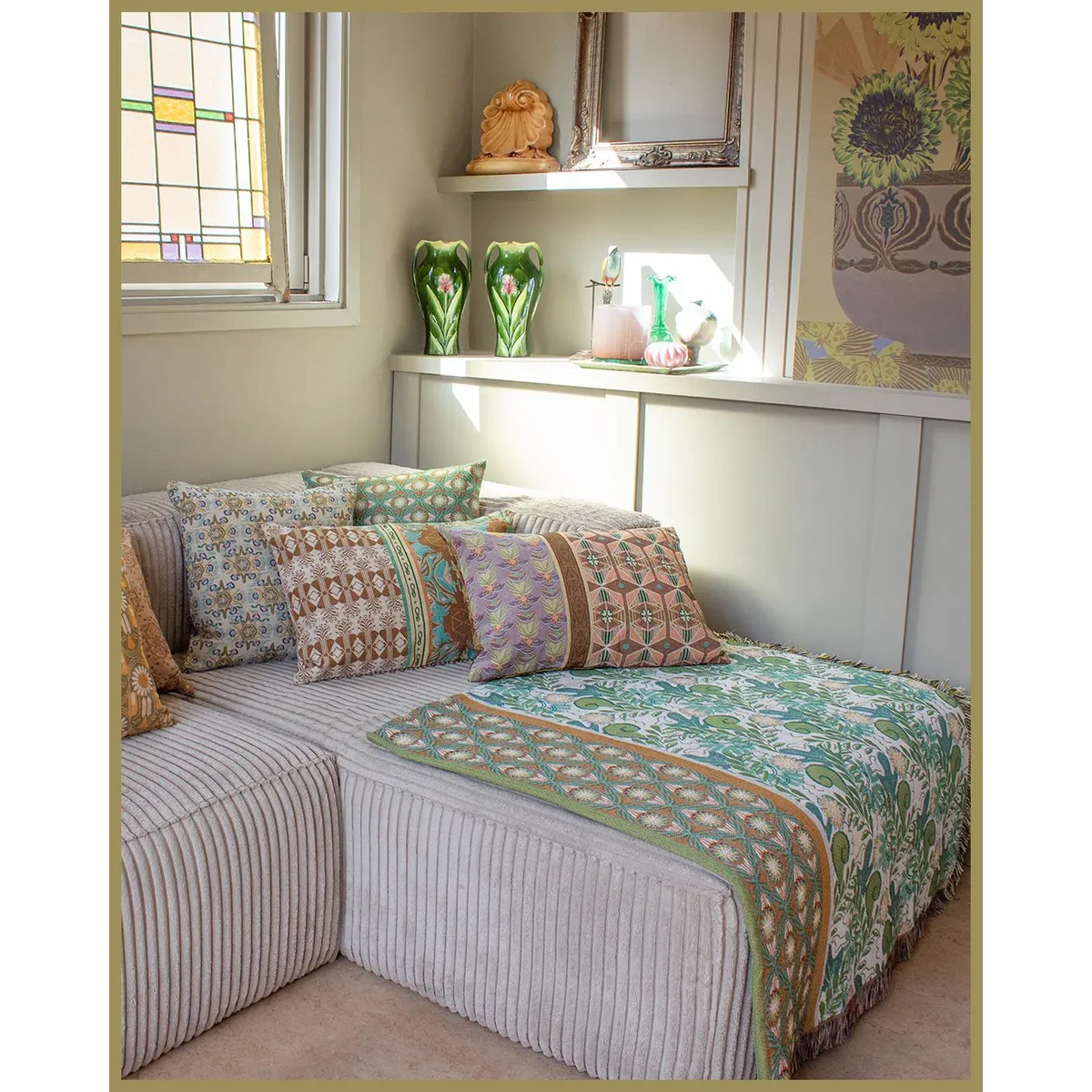 NIN-NIT Soleil Classiques cushion | decorative cushion with sunny nature print with leaves | 100% woven cotton | green | blue | ocher | beige | white | purple | multicolor | 50x50 cm