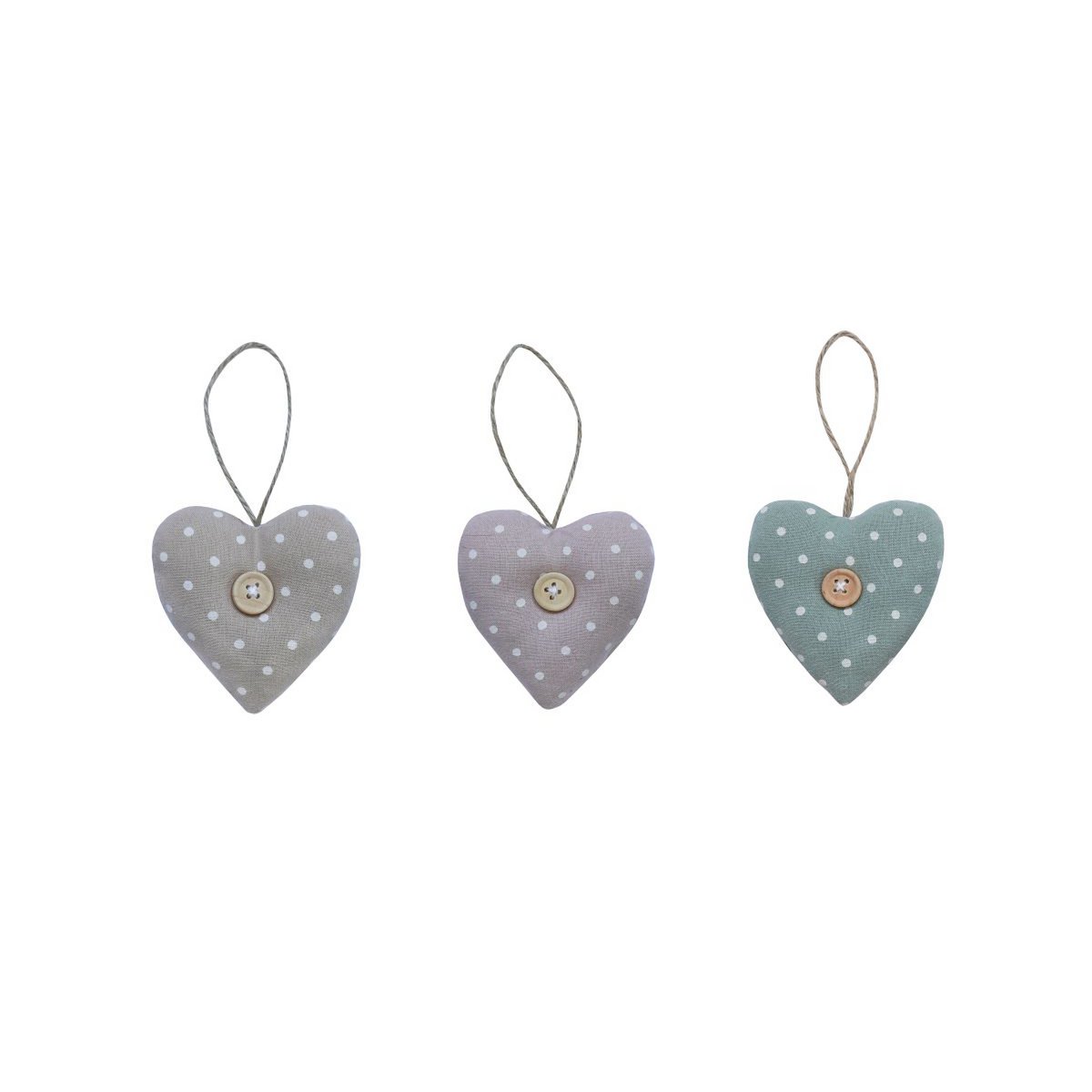 Cuore in tessuto con bottone 7,5 cm set da 3 pezzi