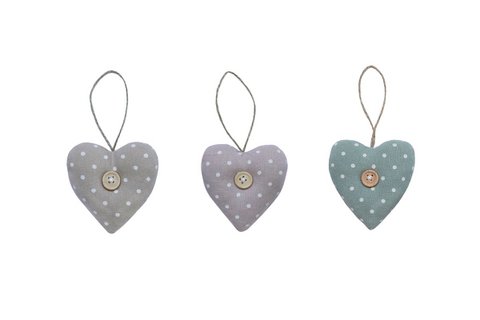 Textiel hart met knoop 7,5 cm set van 3 stuks