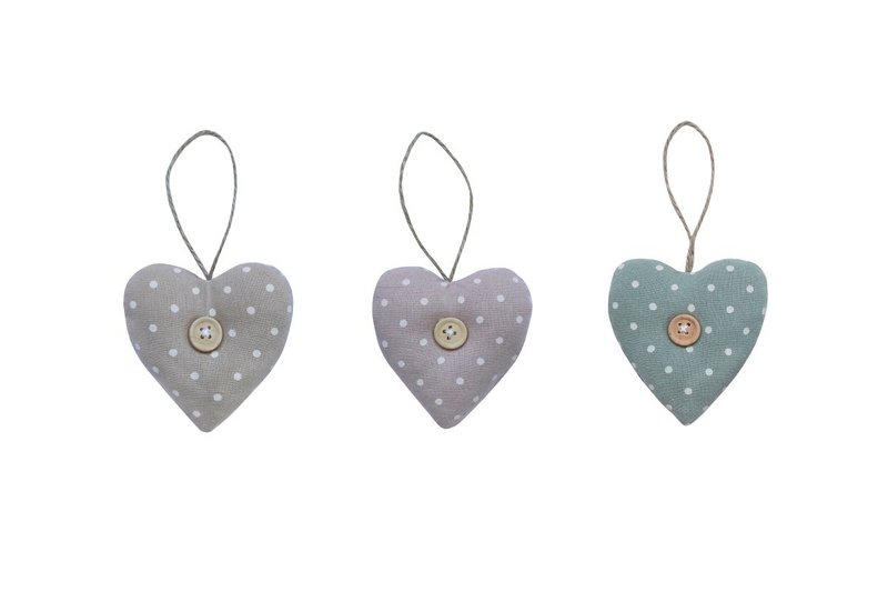 Textile heart with button 7,5 cm set of 3 pieces