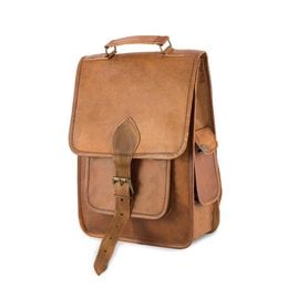 Tan leather backpack with two front pockets and adjustable straps. Durable and stylish design suitable for everyday use or travel.